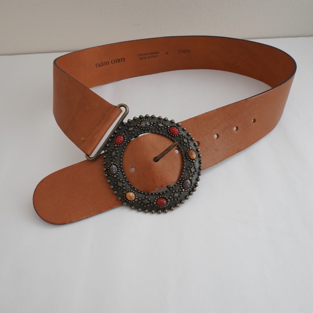 Fabio Corti Statement Waist Belt Womens M Leather Brown Boho Festival Beaded